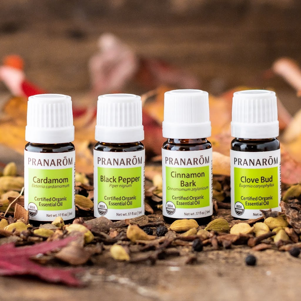 Pranarom Certified Organic Cardamom, Black Pepper, Cinnamon Bark, and Clove Bud Essential Oil bottles with bark and leafs.