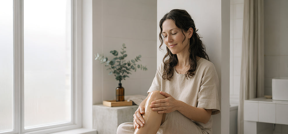 Woman sitting on a wooden bench applying natural oil to her knee to relieve joint pain in a bright interior
