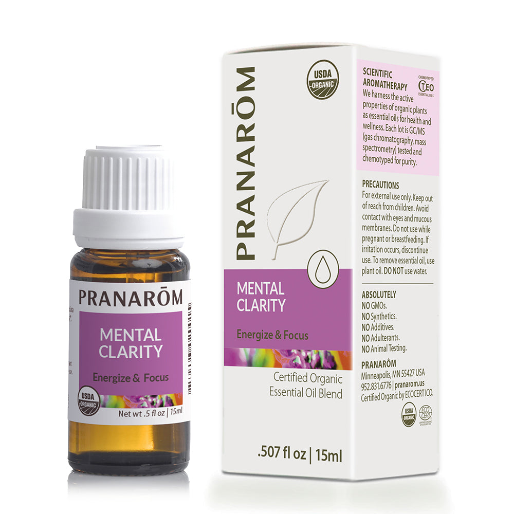 Pranarom Certified Organic Mental Clarity Wellness Formula bottle and box.