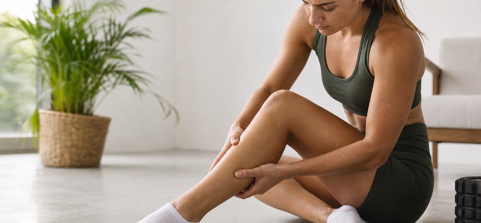 Person massaging their calf after a workout to relieve muscle soreness
