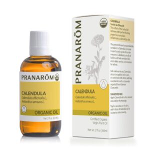 Pranarom Certified Organic Calendula Virgin Plant Oil bottle and box.