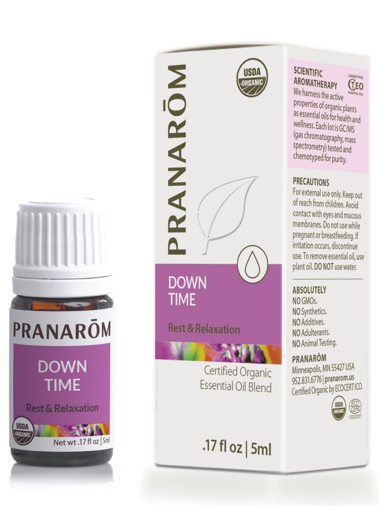 Pranarom Certified Organic Down Time Wellness Formula bottle and box.